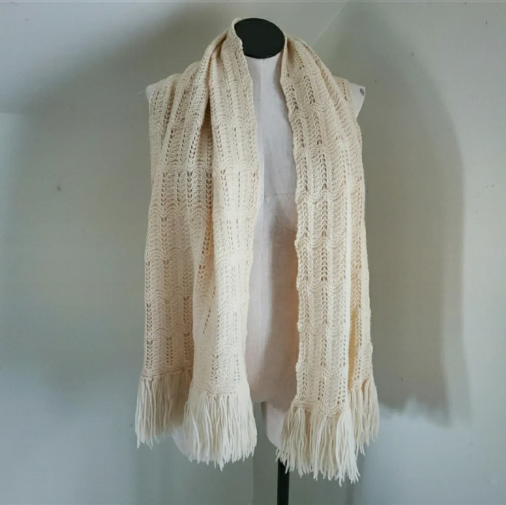 Cream Color Knit Extra Wide Scarf Shawl with Fringe